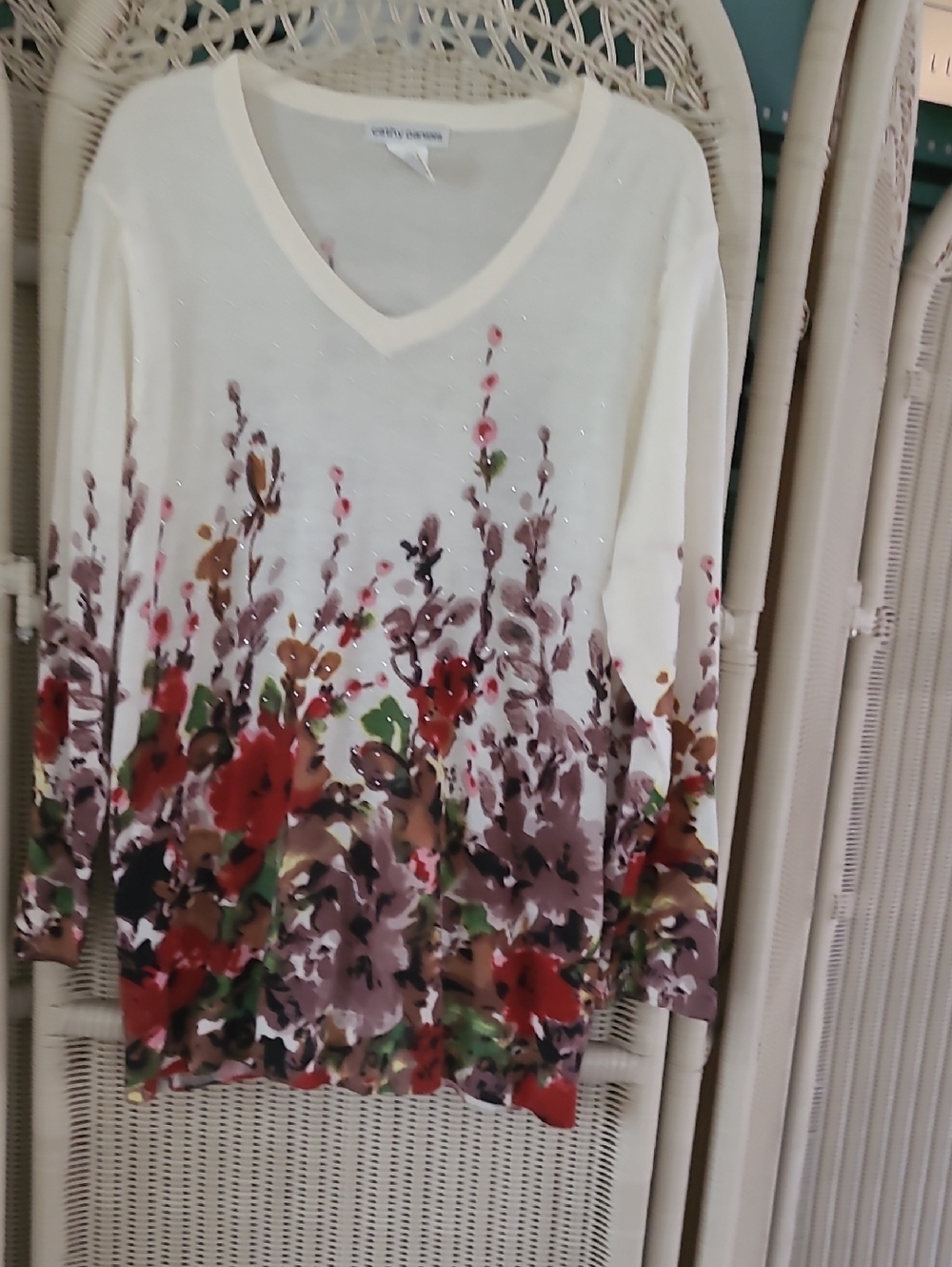 Catherines White V-Neck Long Sleeve Floral Border Top
